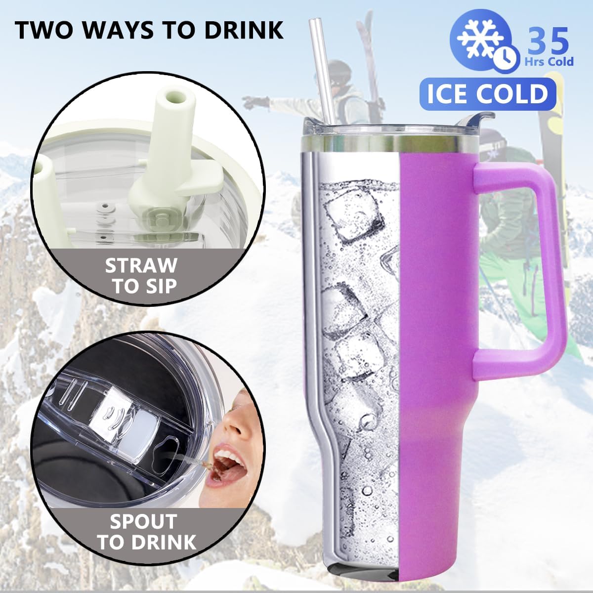 40 oz Tumbler with Handle and Straw Stainless Steel Insulated Tumbler Leak Proof Lid and Straw Lid Reusable Travel Mug Coffee Mug Cup Dishwasher Safe Keep Drinks Cold and Hot (Pink Dusk)