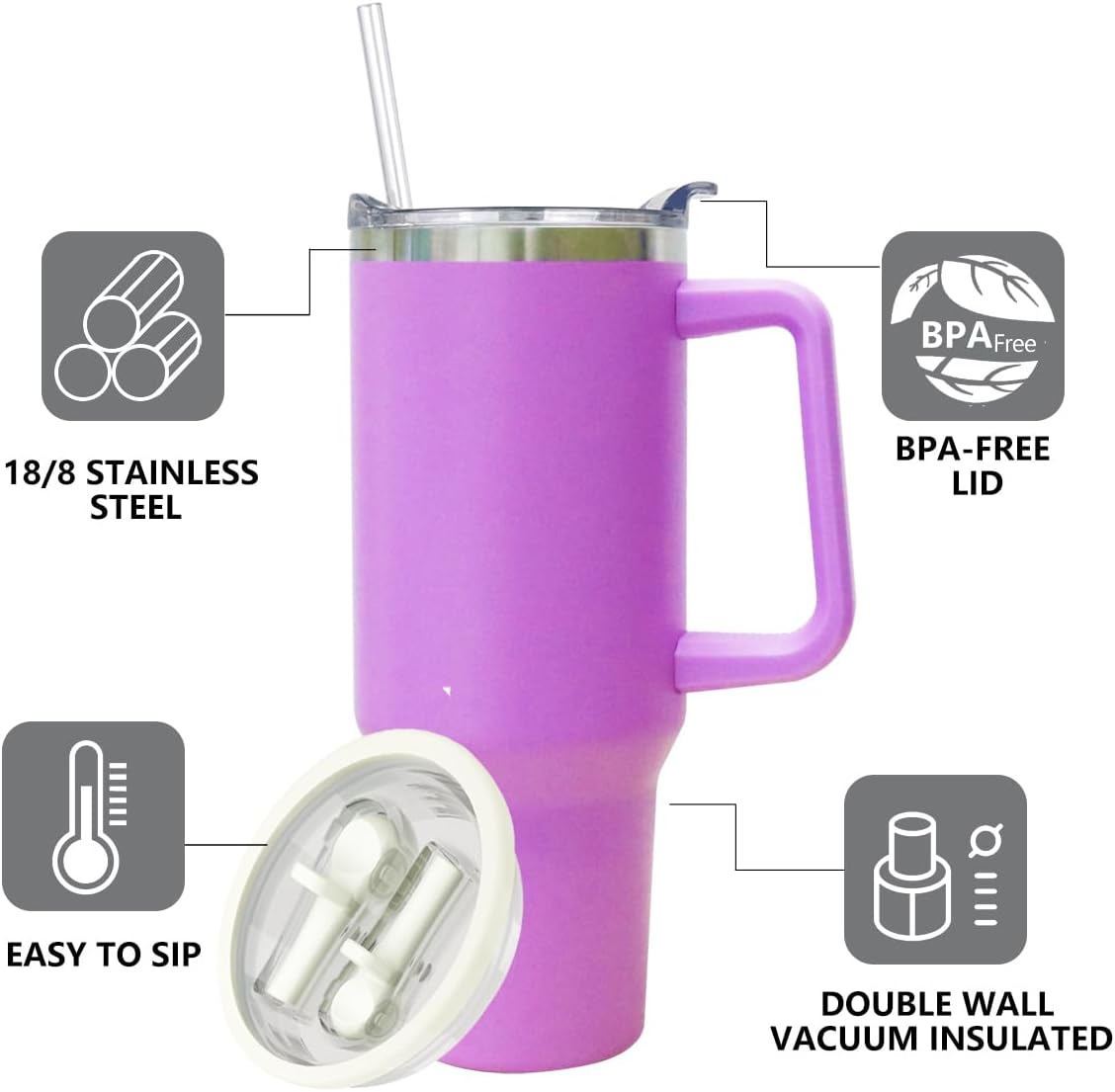 40 oz Tumbler with Handle and Straw Stainless Steel Insulated Tumbler Leak Proof Lid and Straw Lid Reusable Travel Mug Coffee Mug Cup Dishwasher Safe Keep Drinks Cold and Hot (Pink Dusk)