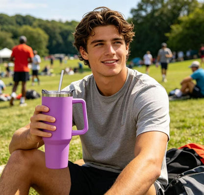 40 oz Tumbler with Handle and Straw Stainless Steel Insulated Tumbler Leak Proof Lid and Straw Lid Reusable Travel Mug Coffee Mug Cup Dishwasher Safe Keep Drinks Cold and Hot (Pink Dusk)