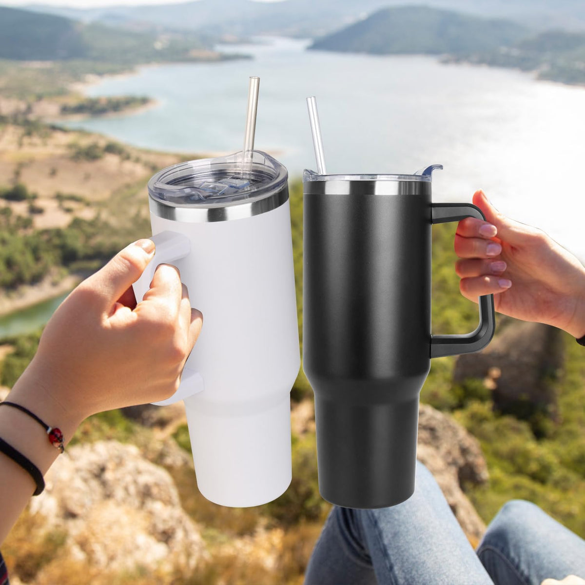 40 oz Tumbler with Handle and Straw Stainless Steel Insulated Tumbler Leak Proof Lid and Straw Lid Reusable Travel Mug Coffee Mug Cup Dishwasher Safe Keep Drinks Cold and Hot (Pink Dusk)