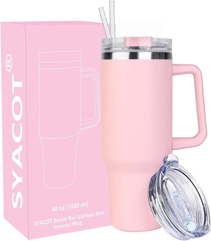 40 oz Tumbler with Handle and Straw Stainless Steel Insulated Tumbler Leak Proof Lid and Straw Lid Reusable Travel Mug Coffee Mug Cup Dishwasher Safe Keep Drinks Cold and Hot (Pink Dusk)