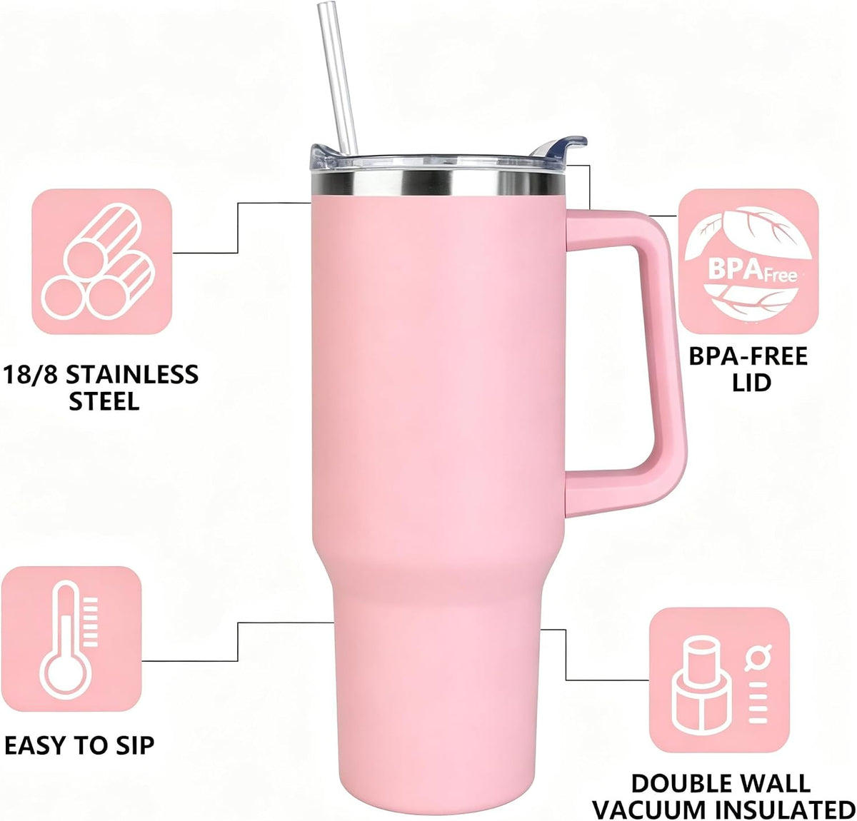 40 oz Tumbler with Handle and Straw Stainless Steel Insulated Tumbler Leak Proof Lid and Straw Lid Reusable Travel Mug Coffee Mug Cup Dishwasher Safe Keep Drinks Cold and Hot (Pink Dusk)
