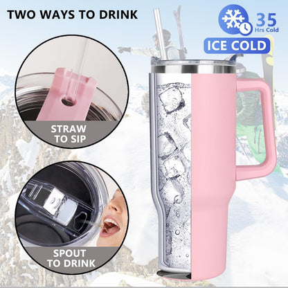 40 oz Tumbler with Handle and Straw Stainless Steel Insulated Tumbler Leak Proof Lid and Straw Lid Reusable Travel Mug Coffee Mug Cup Dishwasher Safe Keep Drinks Cold and Hot (Pink Dusk)
