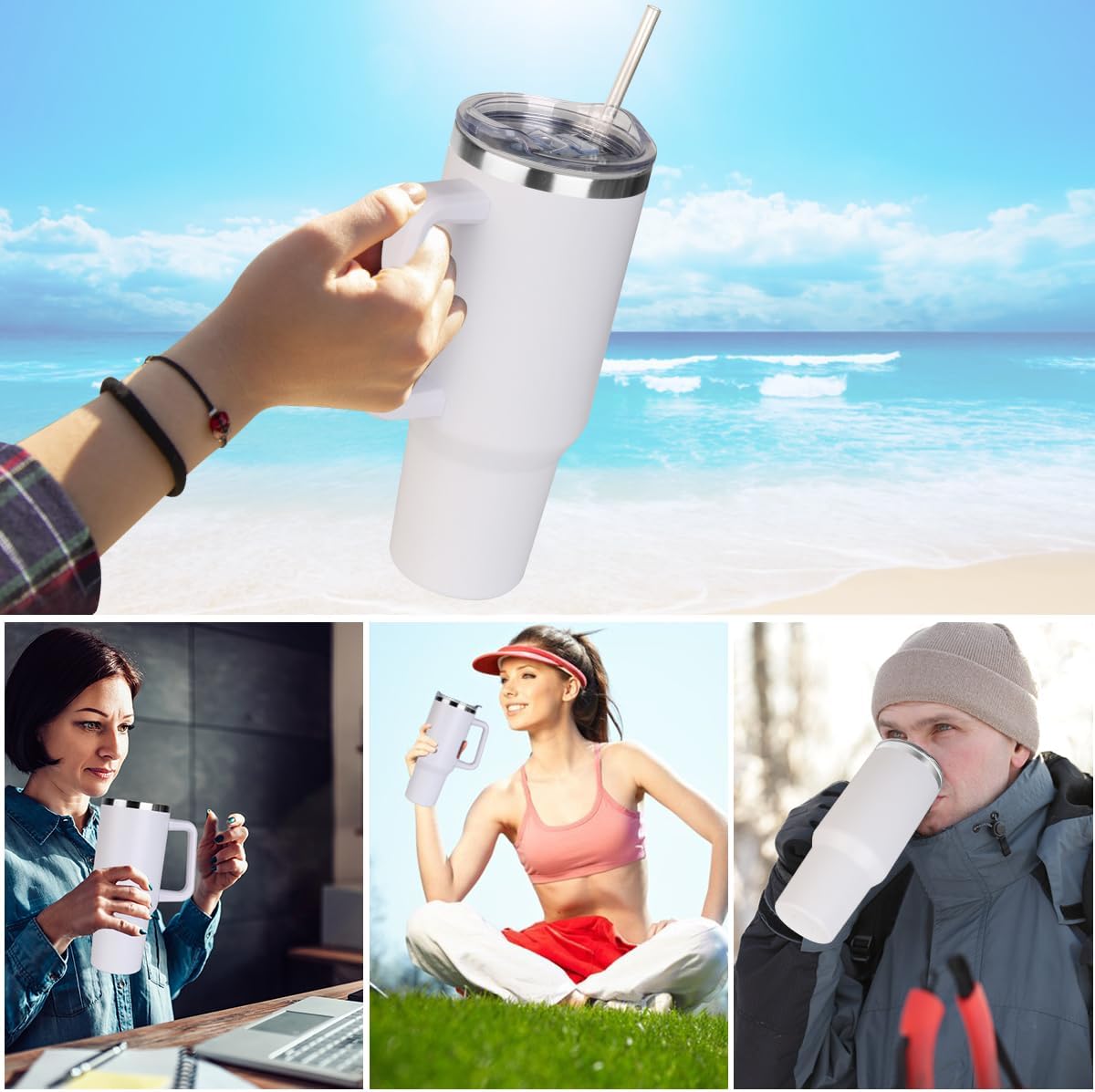 40 oz Tumbler with Handle and Straw Stainless Steel Insulated Tumbler Leak Proof Lid and Straw Lid Reusable Travel Mug Coffee Mug Cup Dishwasher Safe Keep Drinks Cold and Hot (Pink Dusk)