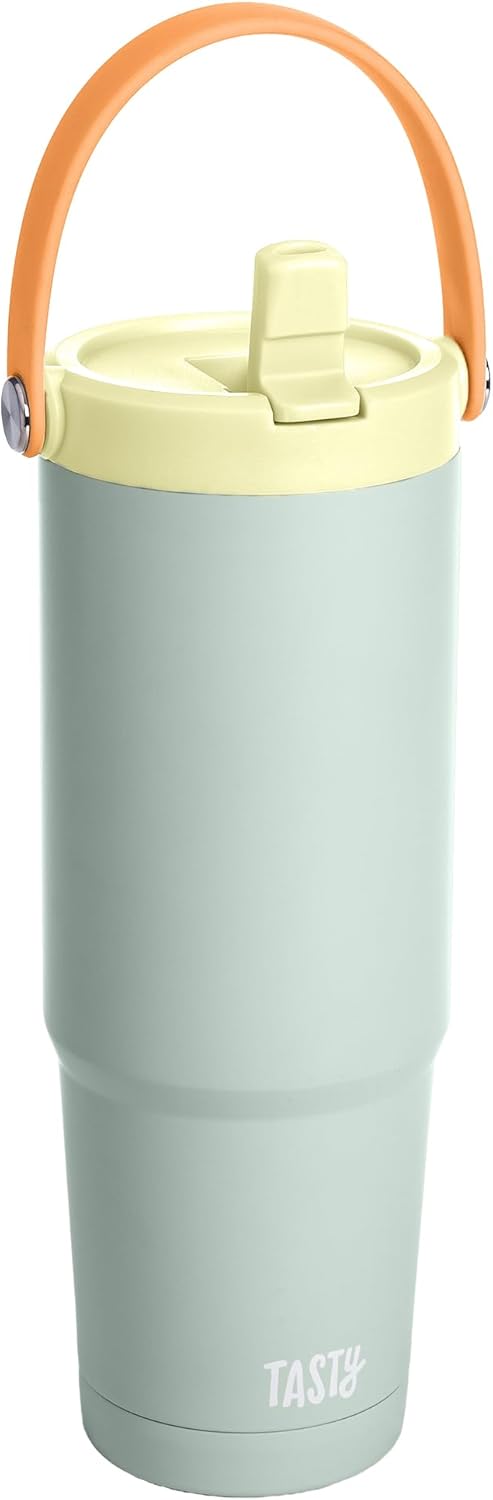 30oz Insulated Travel Tumbler, Leak-Proof Water Bottle, Double-Wall Stainless Steel Flask with Flip Straw Lid,Cup Holder Compatible with Easy Carry Handle, Cream