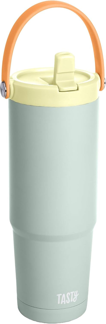 30oz Insulated Travel Tumbler, Leak-Proof Water Bottle, Double-Wall Stainless Steel Flask with Flip Straw Lid,Cup Holder Compatible with Easy Carry Handle, Cream
