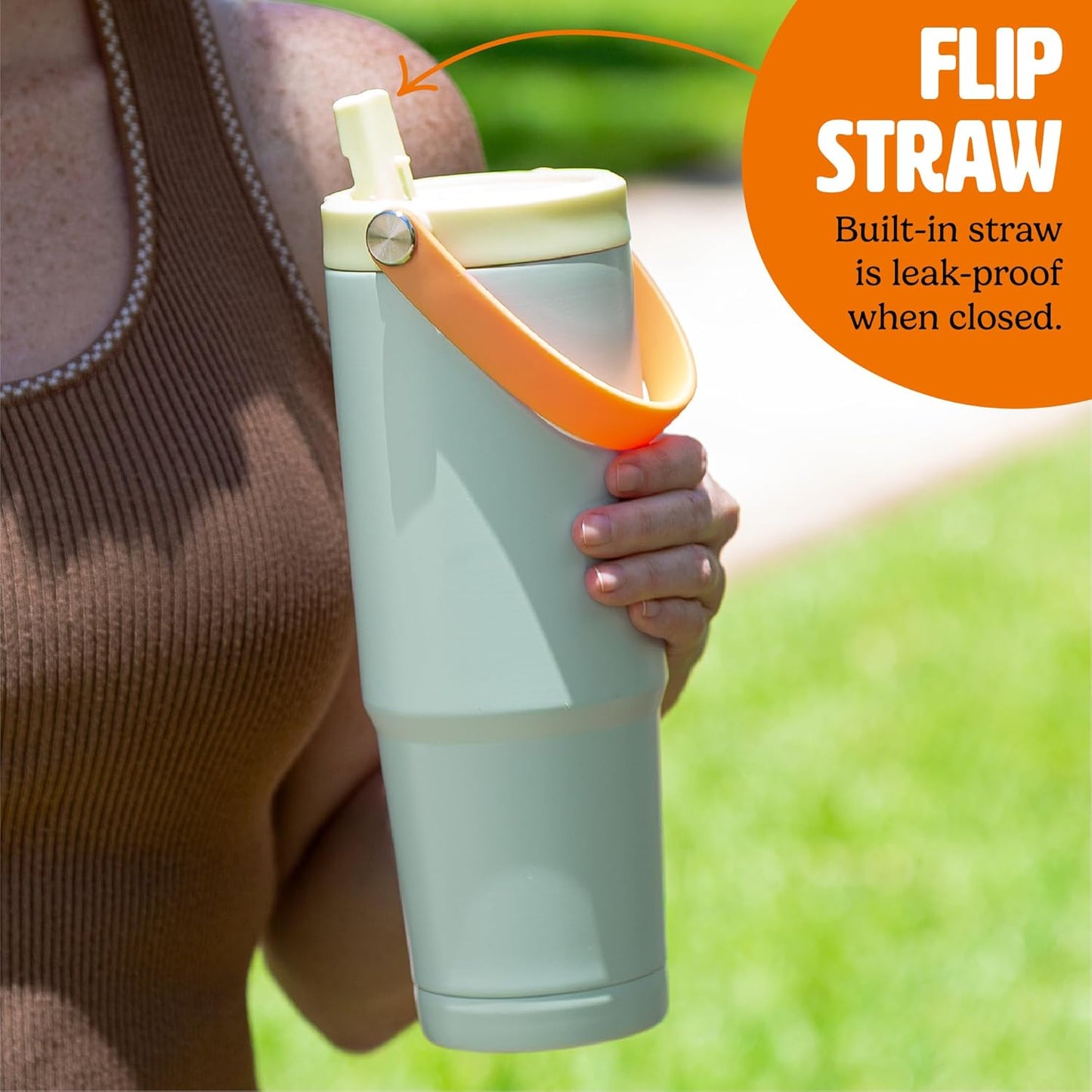 30oz Insulated Travel Tumbler, Leak-Proof Water Bottle, Double-Wall Stainless Steel Flask with Flip Straw Lid,Cup Holder Compatible with Easy Carry Handle, Cream