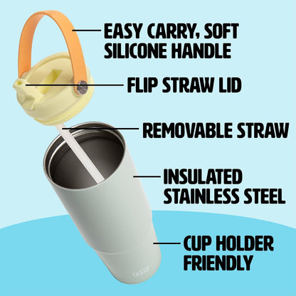 30oz Insulated Travel Tumbler, Leak-Proof Water Bottle, Double-Wall Stainless Steel Flask with Flip Straw Lid,Cup Holder Compatible with Easy Carry Handle, Cream