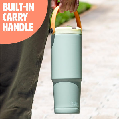 30oz Insulated Travel Tumbler, Leak-Proof Water Bottle, Double-Wall Stainless Steel Flask with Flip Straw Lid,Cup Holder Compatible with Easy Carry Handle, Cream
