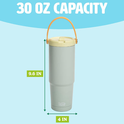 30oz Insulated Travel Tumbler, Leak-Proof Water Bottle, Double-Wall Stainless Steel Flask with Flip Straw Lid,Cup Holder Compatible with Easy Carry Handle, Cream