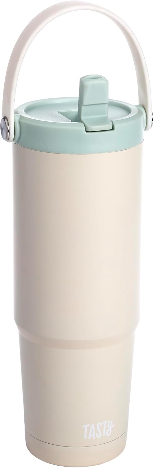 30oz Insulated Travel Tumbler, Leak-Proof Water Bottle, Double-Wall Stainless Steel Flask with Flip Straw Lid,Cup Holder Compatible with Easy Carry Handle, Cream