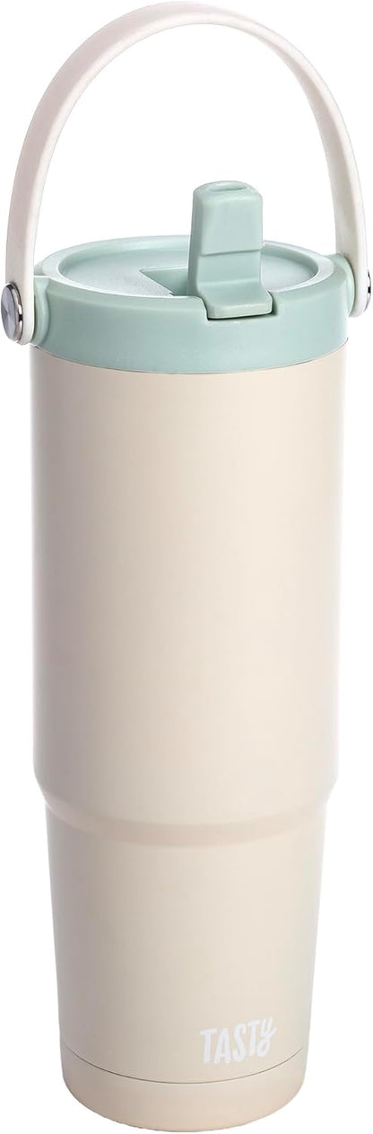 30oz Insulated Travel Tumbler, Leak-Proof Water Bottle, Double-Wall Stainless Steel Flask with Flip Straw Lid,Cup Holder Compatible with Easy Carry Handle, Cream
