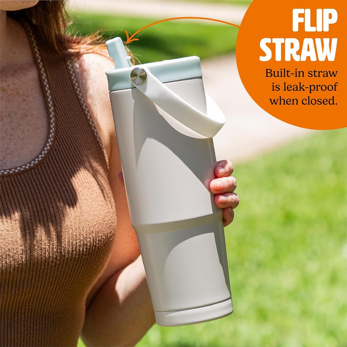 30oz Insulated Travel Tumbler, Leak-Proof Water Bottle, Double-Wall Stainless Steel Flask with Flip Straw Lid,Cup Holder Compatible with Easy Carry Handle, Cream