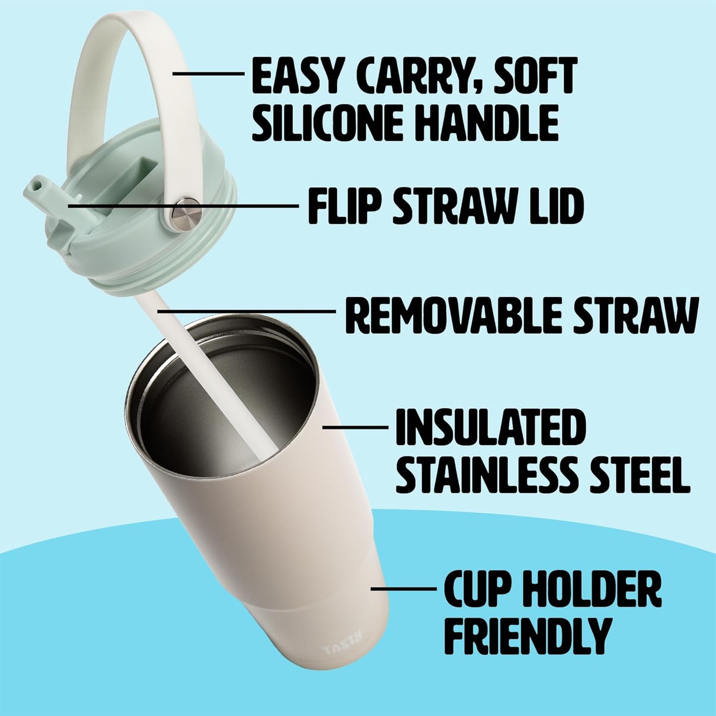 30oz Insulated Travel Tumbler, Leak-Proof Water Bottle, Double-Wall Stainless Steel Flask with Flip Straw Lid,Cup Holder Compatible with Easy Carry Handle, Cream