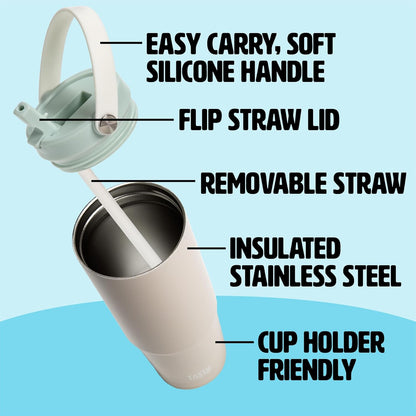 30oz Insulated Travel Tumbler, Leak-Proof Water Bottle, Double-Wall Stainless Steel Flask with Flip Straw Lid,Cup Holder Compatible with Easy Carry Handle, Cream