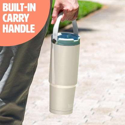 30oz Insulated Travel Tumbler, Leak-Proof Water Bottle, Double-Wall Stainless Steel Flask with Flip Straw Lid,Cup Holder Compatible with Easy Carry Handle, Cream