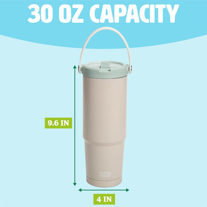 30oz Insulated Travel Tumbler, Leak-Proof Water Bottle, Double-Wall Stainless Steel Flask with Flip Straw Lid,Cup Holder Compatible with Easy Carry Handle, Cream
