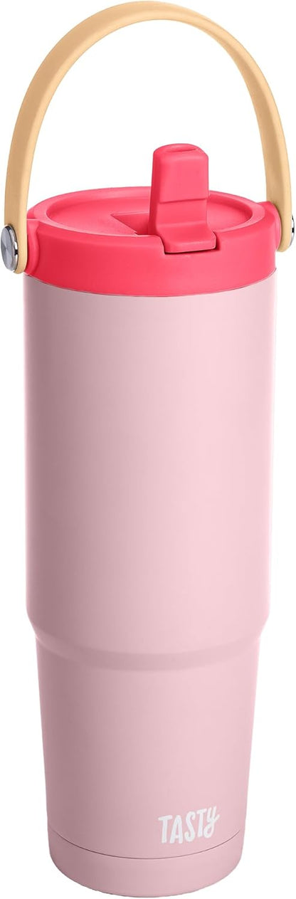 30oz Insulated Travel Tumbler, Leak-Proof Water Bottle, Double-Wall Stainless Steel Flask with Flip Straw Lid,Cup Holder Compatible with Easy Carry Handle, Cream