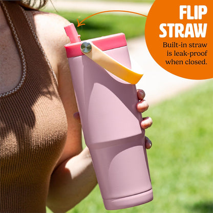 30oz Insulated Travel Tumbler, Leak-Proof Water Bottle, Double-Wall Stainless Steel Flask with Flip Straw Lid,Cup Holder Compatible with Easy Carry Handle, Cream