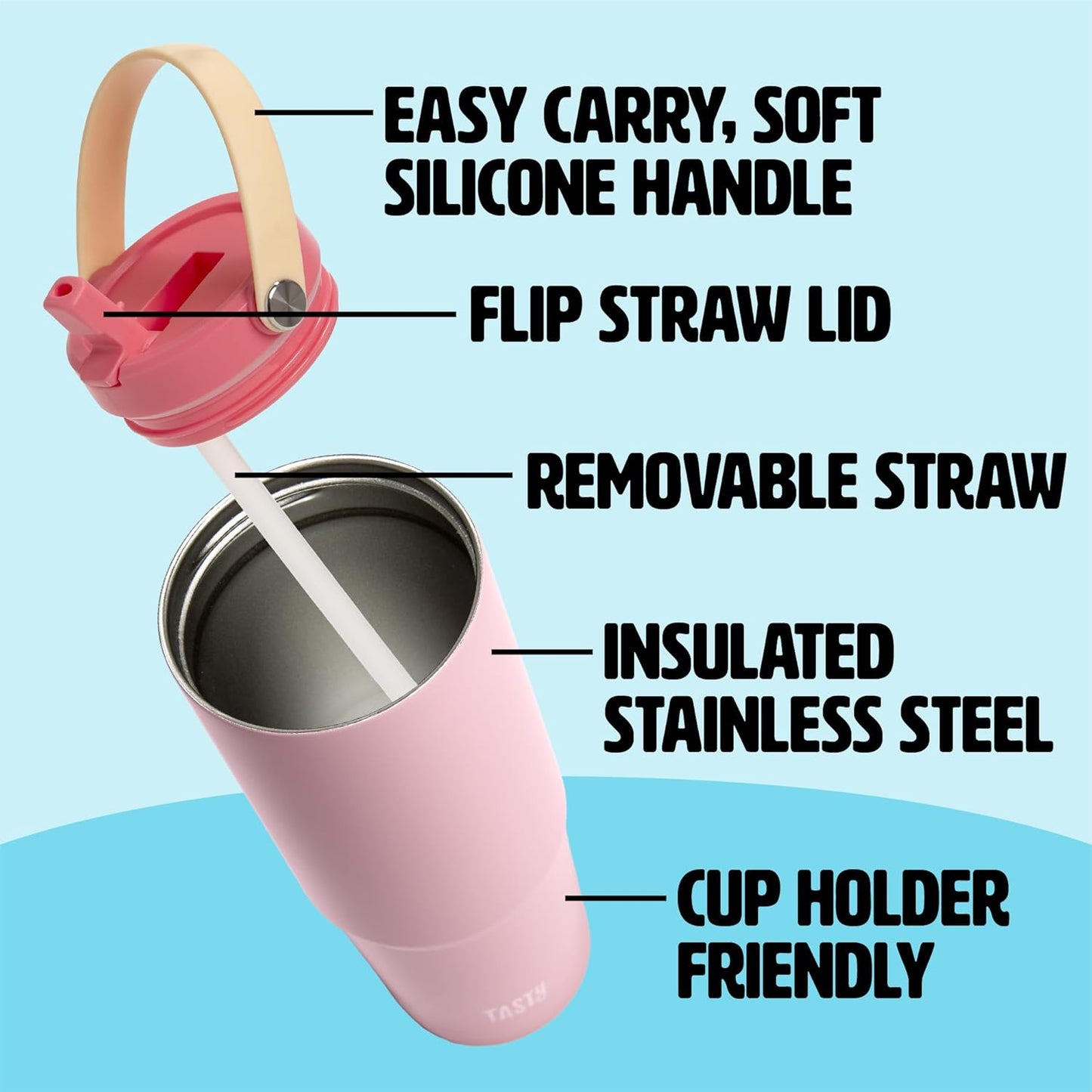 30oz Insulated Travel Tumbler, Leak-Proof Water Bottle, Double-Wall Stainless Steel Flask with Flip Straw Lid,Cup Holder Compatible with Easy Carry Handle, Cream