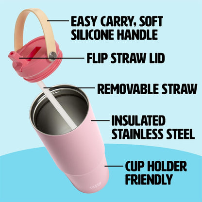 30oz Insulated Travel Tumbler, Leak-Proof Water Bottle, Double-Wall Stainless Steel Flask with Flip Straw Lid,Cup Holder Compatible with Easy Carry Handle, Cream