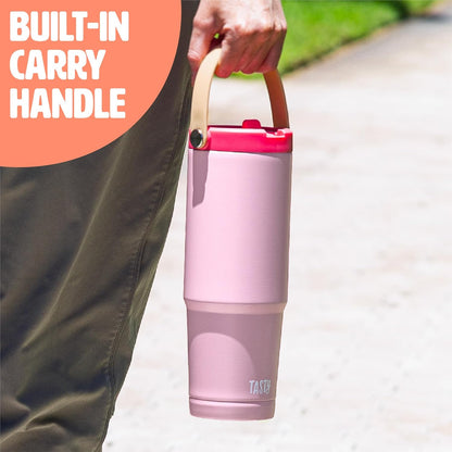 30oz Insulated Travel Tumbler, Leak-Proof Water Bottle, Double-Wall Stainless Steel Flask with Flip Straw Lid,Cup Holder Compatible with Easy Carry Handle, Cream