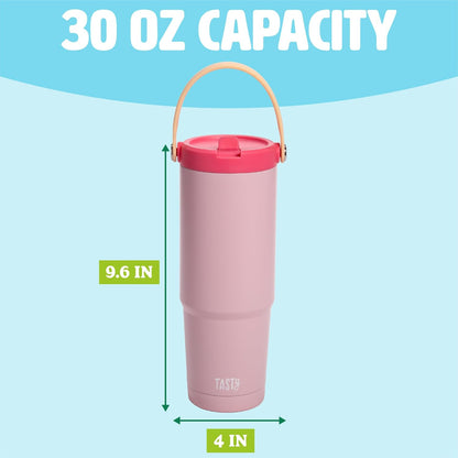 30oz Insulated Travel Tumbler, Leak-Proof Water Bottle, Double-Wall Stainless Steel Flask with Flip Straw Lid,Cup Holder Compatible with Easy Carry Handle, Cream