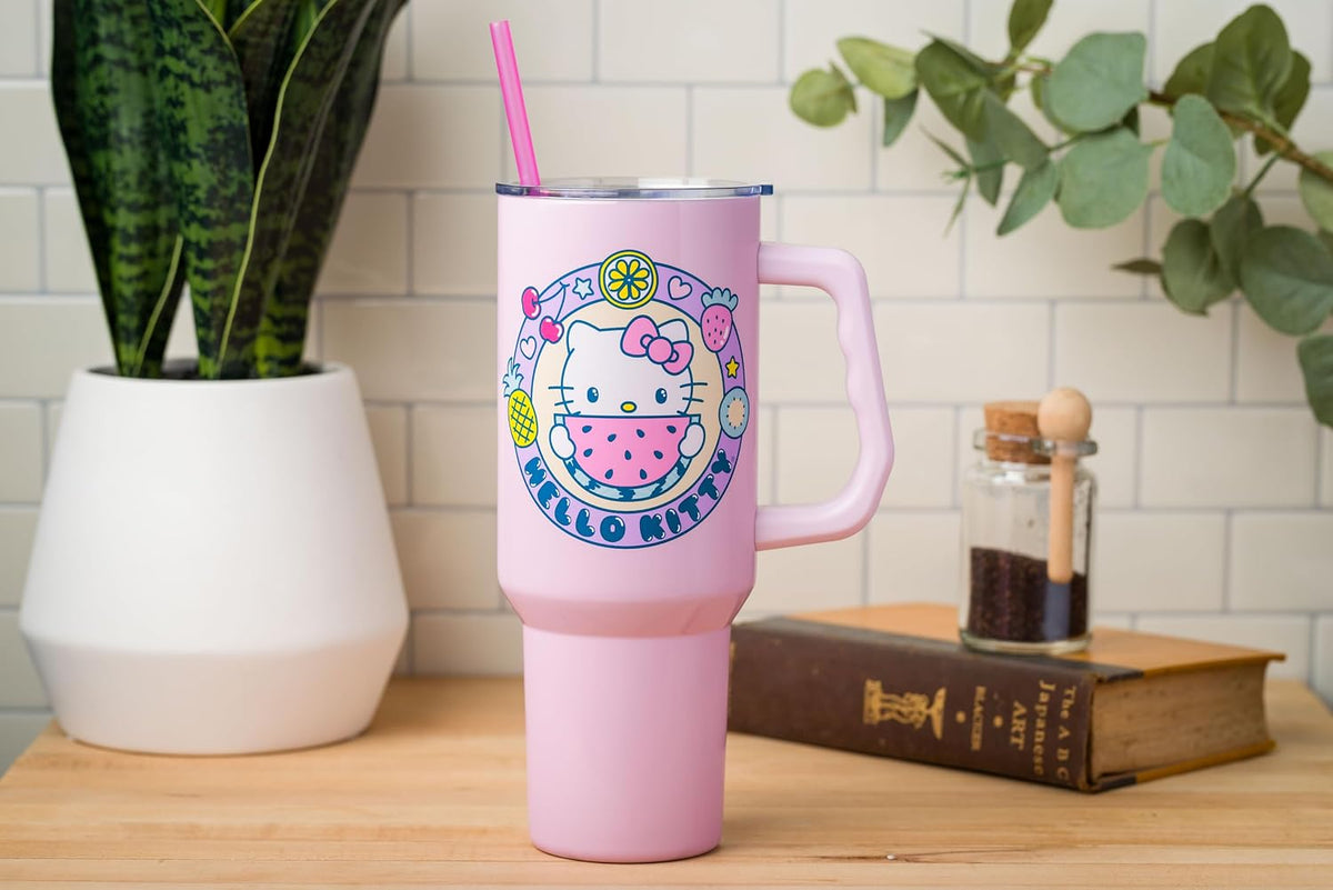 Betty Boop Core Cute Pose, Stainless Steel Tumbler, 40oz | Sitting, Hearts and Dots, Straw Cover Cap, Handle, Lid, Double Walled, Fits in Cup Holder, 1.18 Liters - Colors A