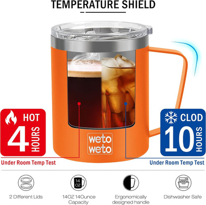 14 oz Insulated Coffee Mug, Vacuum Camping Mug with Lid, Handle