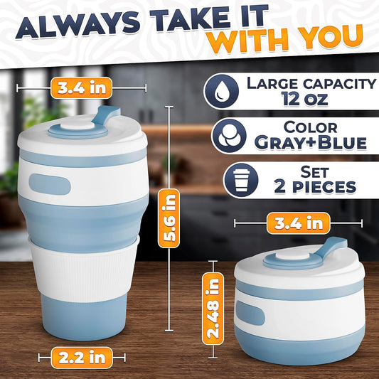 Collapsible Coffee Cup with Lid, 12oz 2-Pack Silicone, Foldable, Blue