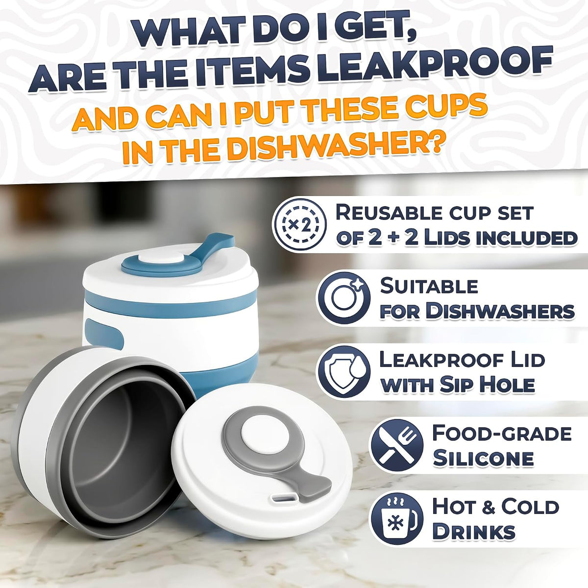 Collapsible Coffee Cup with Lid, 12oz 2-Pack Silicone, Foldable, Blue