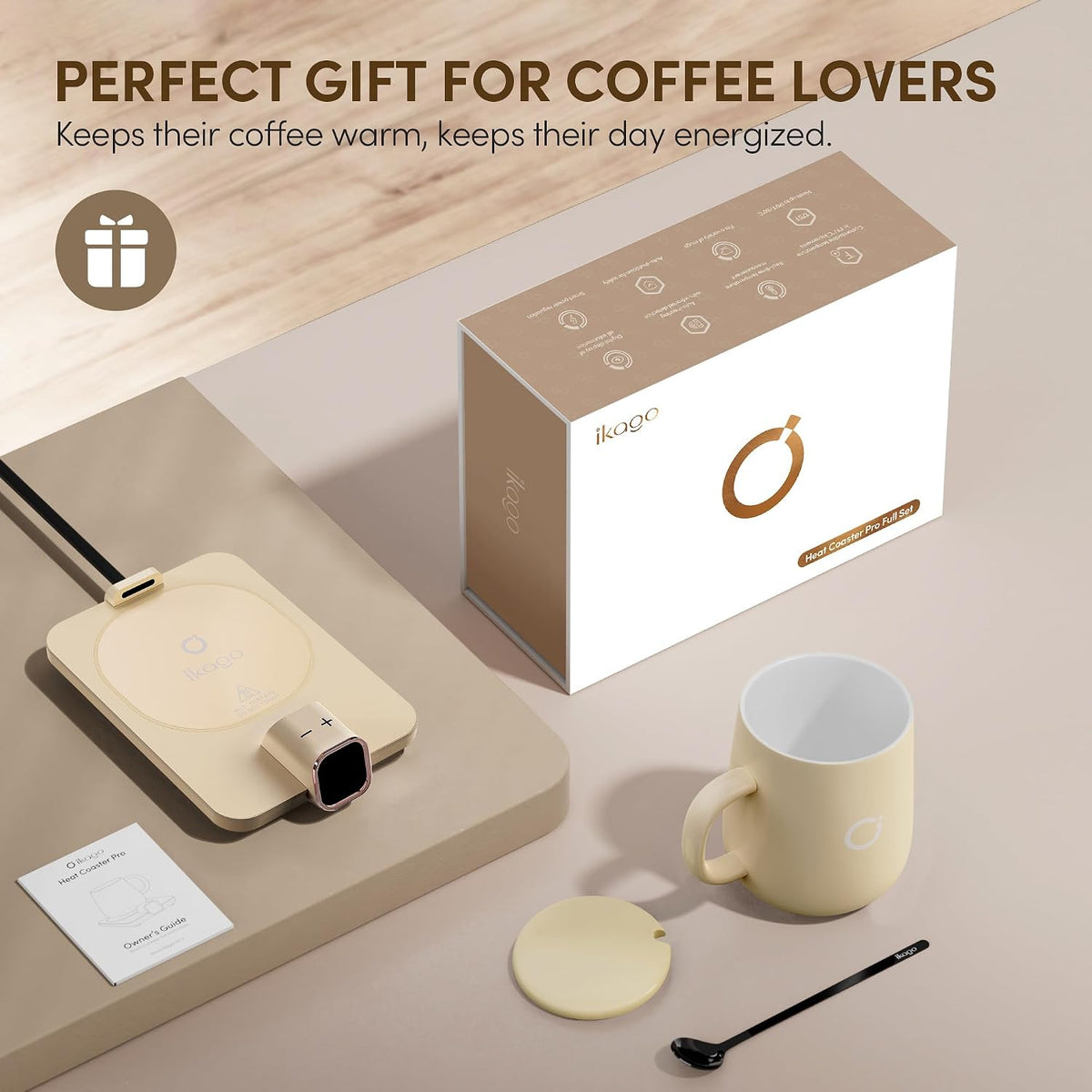 Coffee Cup Warmer & Mug Set, 1℉ Precise Temp Control Mug Warmer | Auto Shut Off, Infrared Sensor, Dual Temp Display, ℉/℃ Optional, 15oz Mug with Spoon & Lid Included, Gifts for Men Women