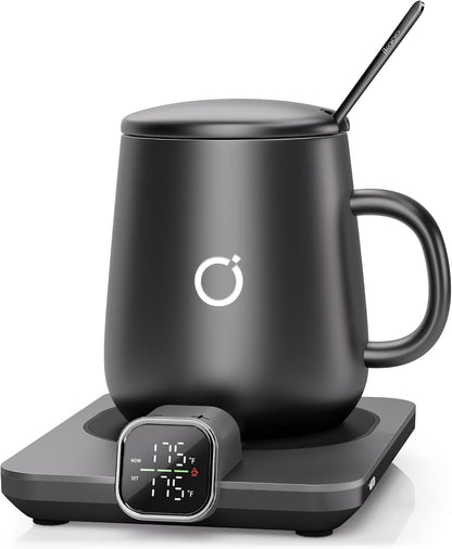Coffee Cup Warmer & Mug Set, 1℉ Precise Temp Control Mug Warmer | Auto Shut Off, Infrared Sensor, Dual Temp Display, ℉/℃ Optional, 15oz Mug with Spoon & Lid Included, Gifts for Men Women