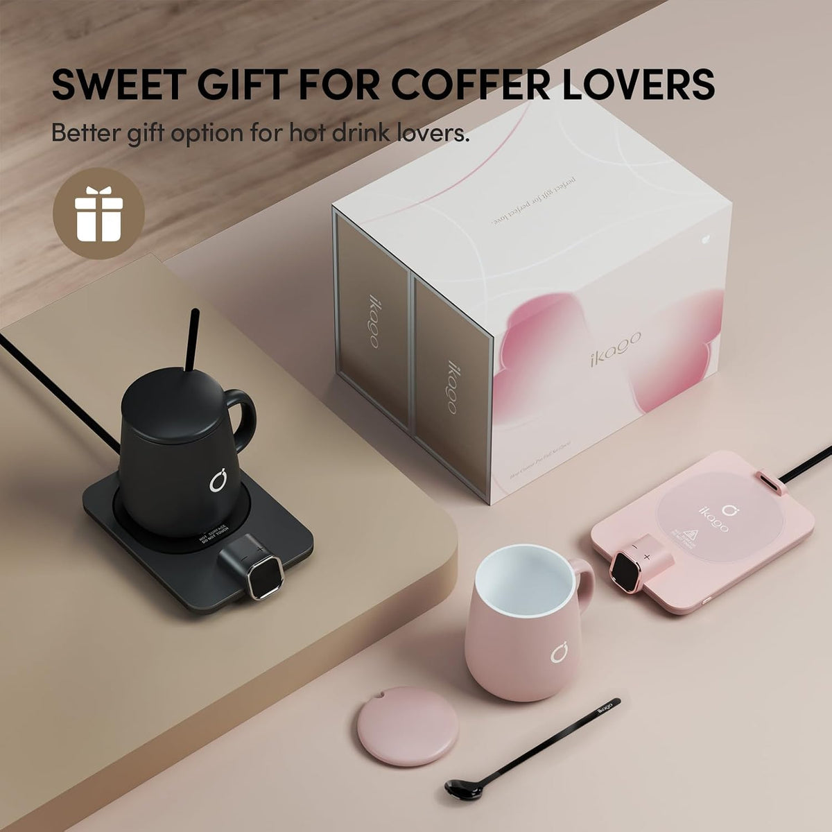 Coffee Cup Warmer & Mug Set, 1℉ Precise Temp Control Mug Warmer | Auto Shut Off, Infrared Sensor, Dual Temp Display, ℉/℃ Optional, 15oz Mug with Spoon & Lid Included, Gifts for Men Women