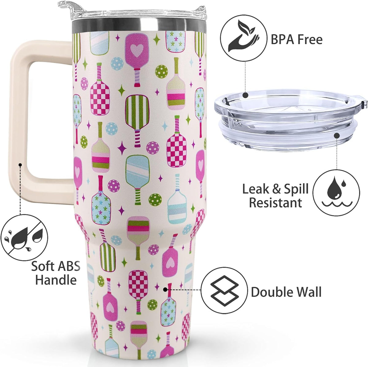 Ceovfoi 40 oz Pickleball Coffee Mug Vacuum Insulated Travel Tumbler with Handle, Lid & Straw - Perfect Pickleball Gifts for Players, Coaches, Lovers | Pickleball Accessories - Colors A