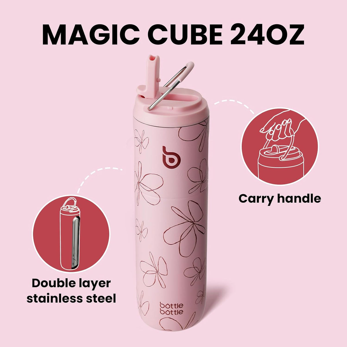 BOTTLE BOTTLE Insulated Water Bottle 24oz with Straw Lid and Handle Sports