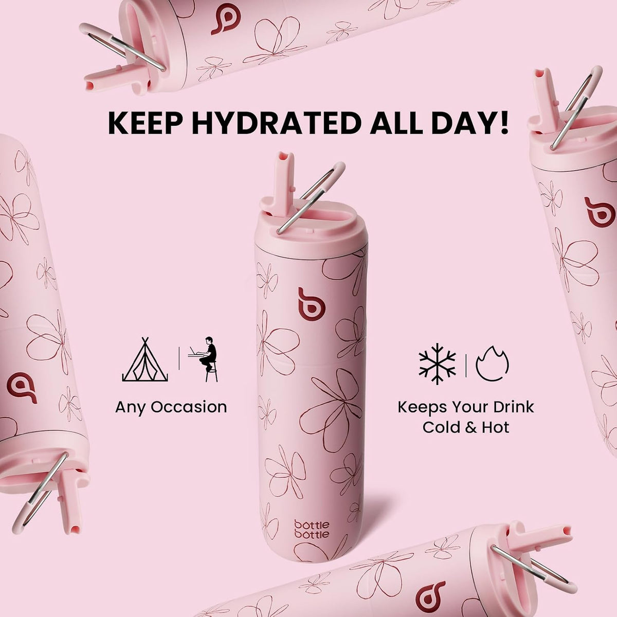 BOTTLE BOTTLE Insulated Water Bottle 24oz with Straw Lid and Handle Sports