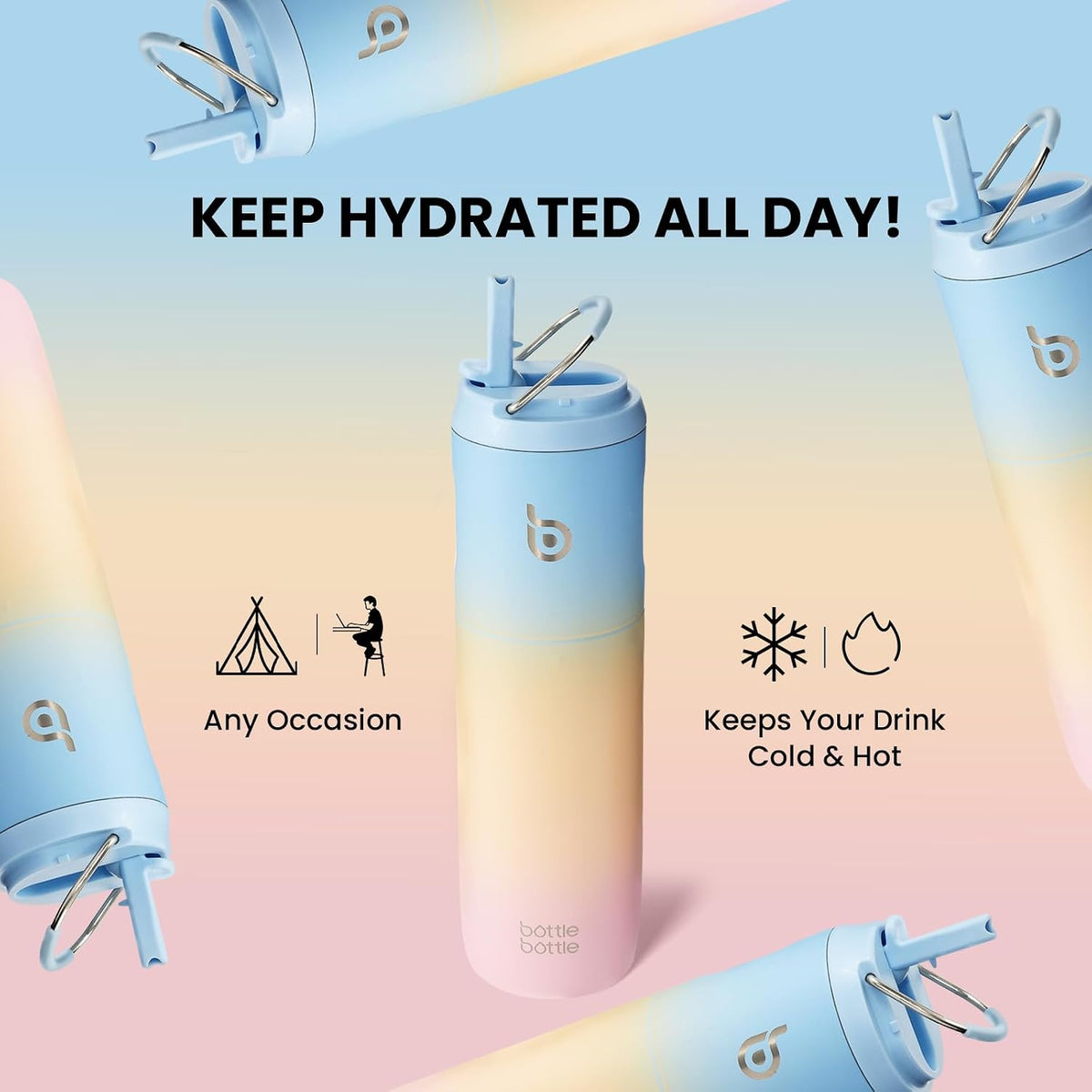 BOTTLE BOTTLE Insulated Water Bottle 24oz with Straw Lid and Handle Sports