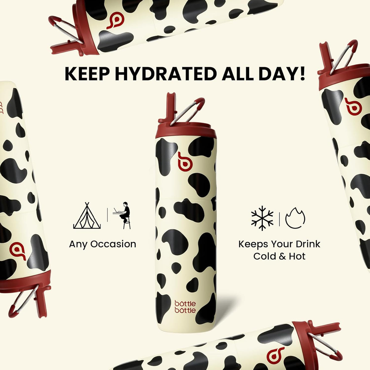 BOTTLE BOTTLE Insulated Water Bottle 24oz with Straw Lid and Handle Sports