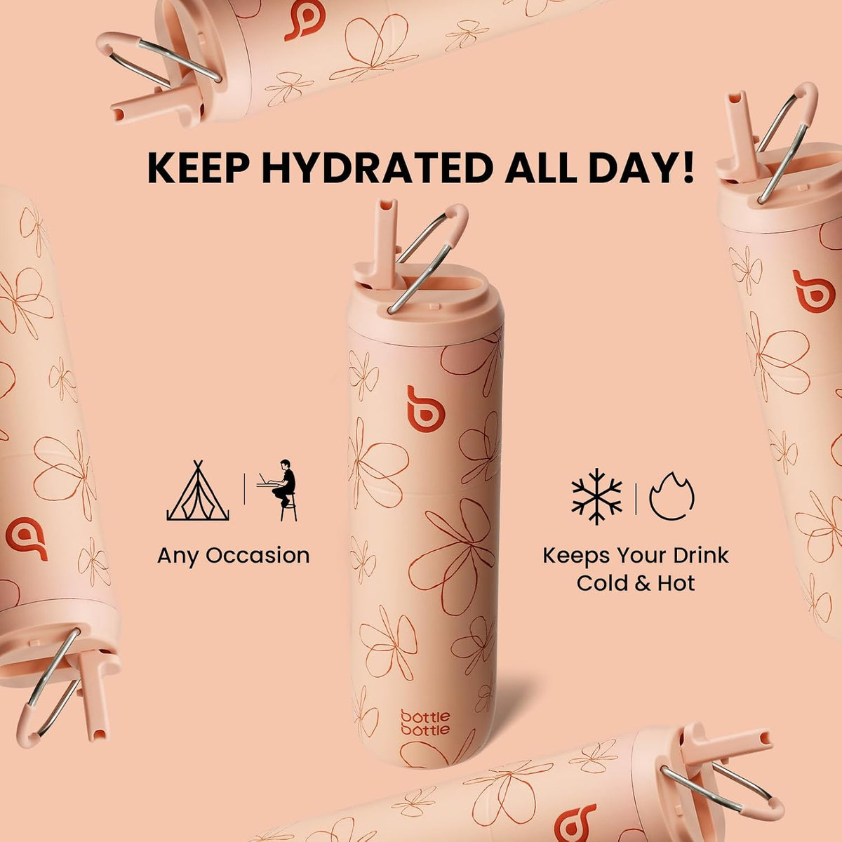 BOTTLE BOTTLE Insulated Water Bottle 24oz with Straw Lid and Handle Sports