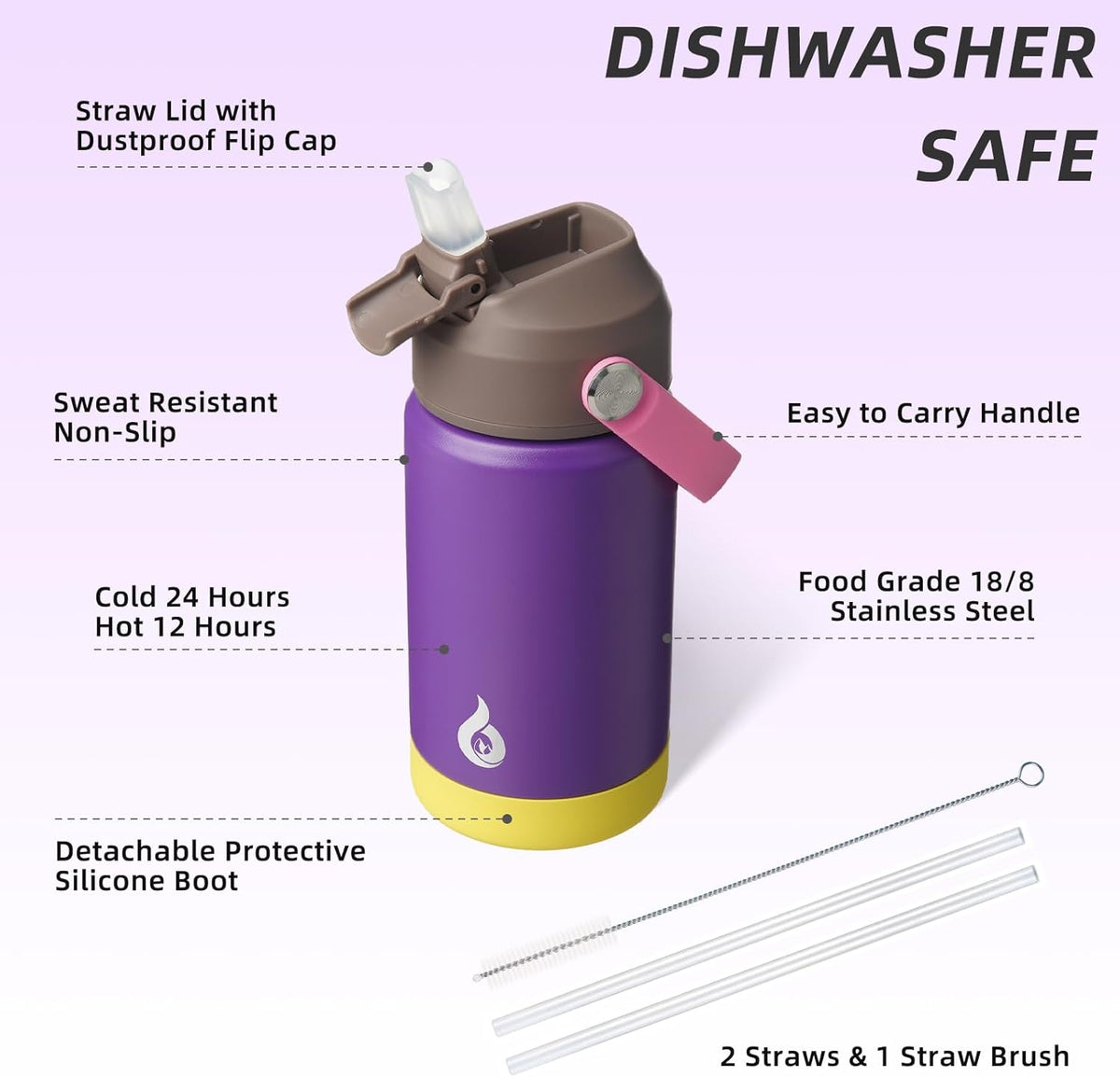 18oz Insulated Water Bottle, Stainless Steel Bottle with Straw Lid