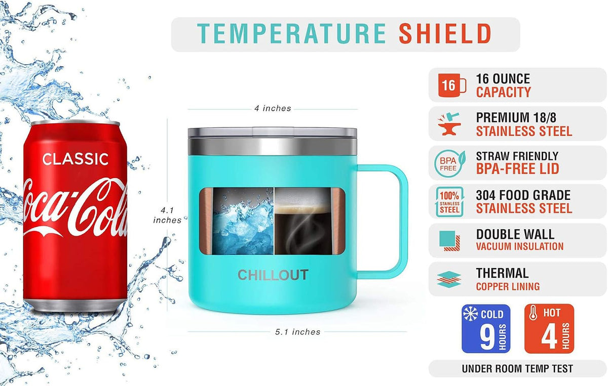 Stainless Steel 16 oz Vacuum Insulated Coffee Mug with Handle and Lid, Large Thermal Camping Coffee Mug Cup with Durable Sliding Lid for Men & Women, Keeps your Beverages Hot & Cold