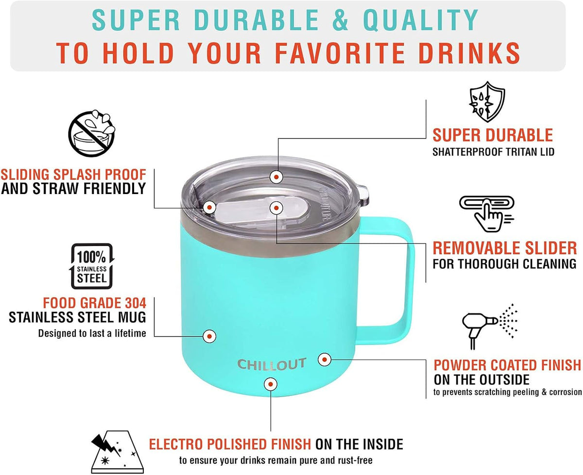 Stainless Steel 16 oz Vacuum Insulated Coffee Mug with Handle and Lid, Large Thermal Camping Coffee Mug Cup with Durable Sliding Lid for Men & Women, Keeps your Beverages Hot & Cold