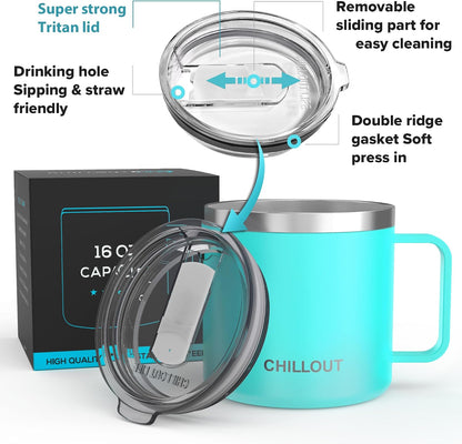 Stainless Steel 16 oz Vacuum Insulated Coffee Mug with Handle and Lid, Large Thermal Camping Coffee Mug Cup with Durable Sliding Lid for Men & Women, Keeps your Beverages Hot & Cold
