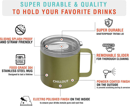 Stainless Steel 16 oz Vacuum Insulated Coffee Mug with Handle and Lid, Large Thermal Camping Coffee Mug Cup with Durable Sliding Lid for Men & Women, Keeps your Beverages Hot & Cold