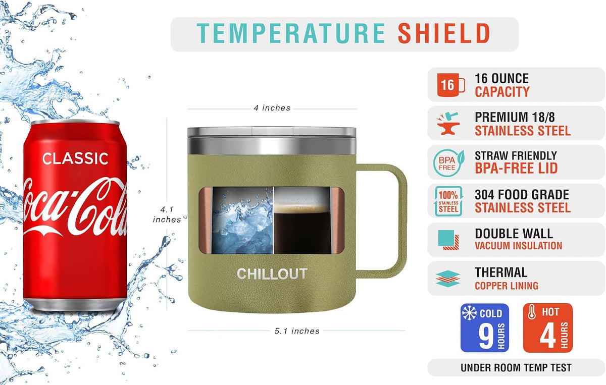 Stainless Steel 16 oz Vacuum Insulated Coffee Mug with Handle and Lid, Large Thermal Camping Coffee Mug Cup with Durable Sliding Lid for Men & Women, Keeps your Beverages Hot & Cold