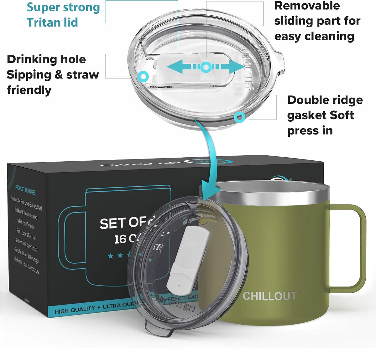 Stainless Steel 16 oz Vacuum Insulated Coffee Mug with Handle and Lid, Large Thermal Camping Coffee Mug Cup with Durable Sliding Lid for Men & Women, Keeps your Beverages Hot & Cold