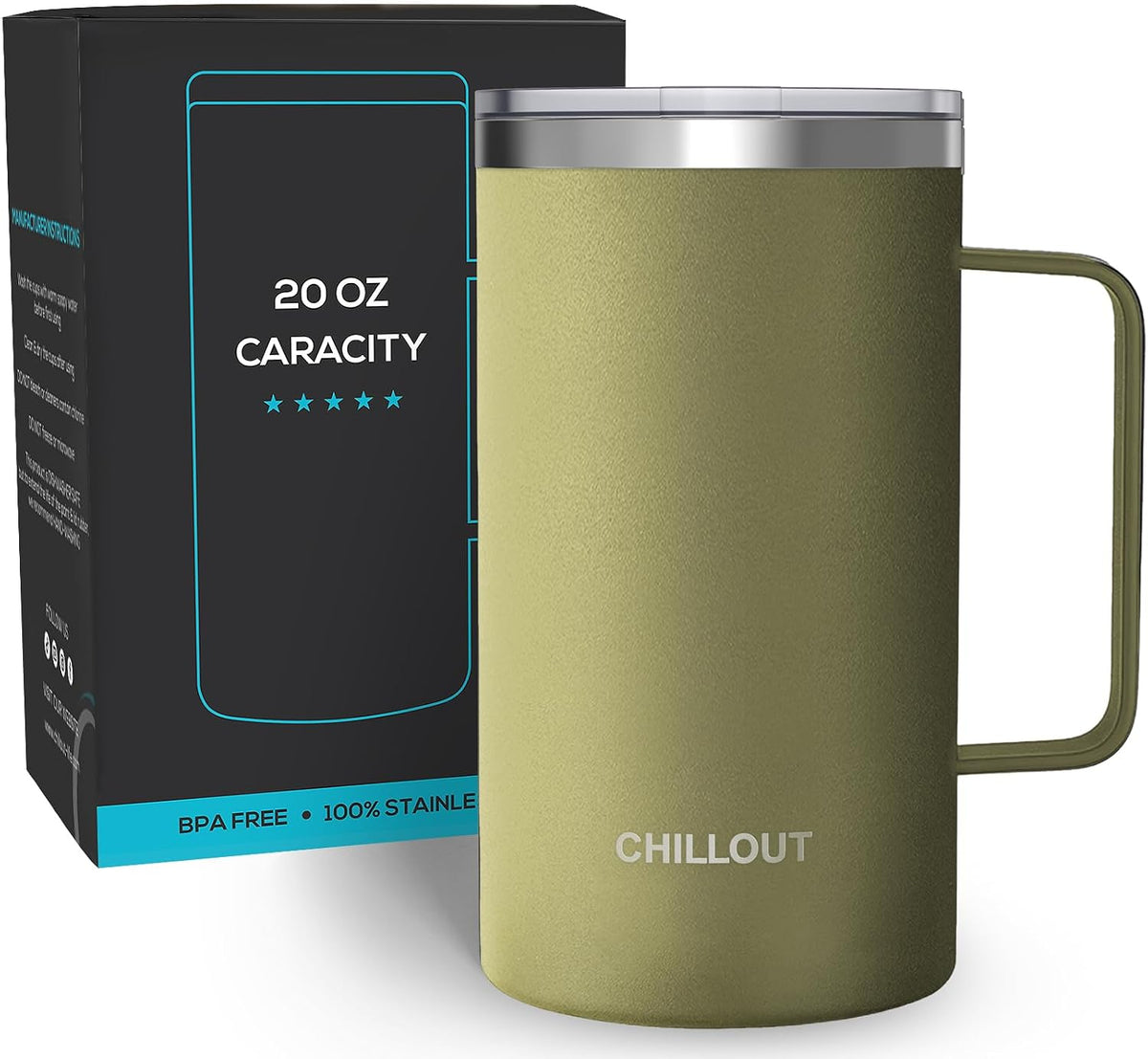 Stainless Steel 16 oz Vacuum Insulated Coffee Mug with Handle and Lid, Large Thermal Camping Coffee Mug Cup with Durable Sliding Lid for Men & Women, Keeps your Beverages Hot & Cold