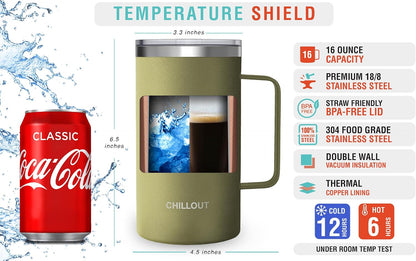 Stainless Steel 16 oz Vacuum Insulated Coffee Mug with Handle and Lid, Large Thermal Camping Coffee Mug Cup with Durable Sliding Lid for Men & Women, Keeps your Beverages Hot & Cold