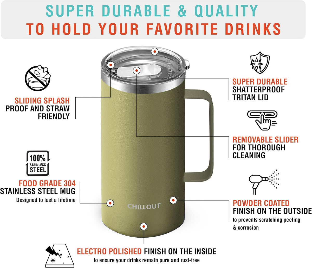 Stainless Steel 16 oz Vacuum Insulated Coffee Mug with Handle and Lid, Large Thermal Camping Coffee Mug Cup with Durable Sliding Lid for Men & Women, Keeps your Beverages Hot & Cold